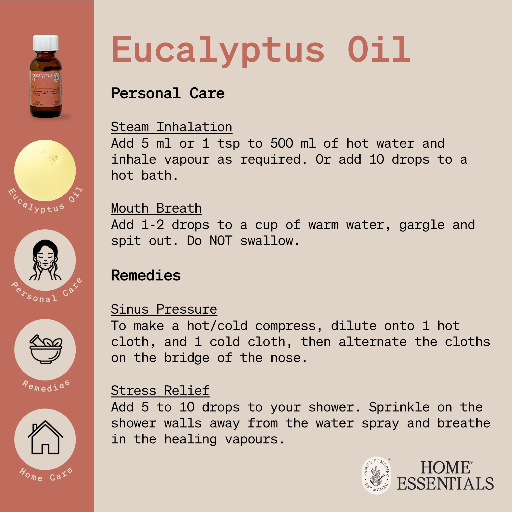 The Eucalyptus Oil Handy Hints Page which lists the various uses and DIY recipes