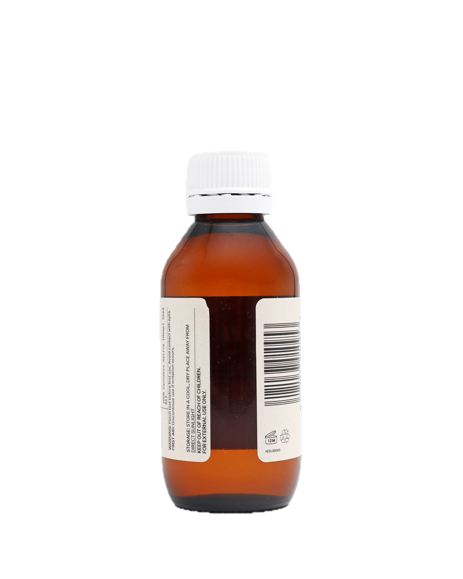 Brown bottle of Hemp Seed Oil from the back, with a white cap on a white background