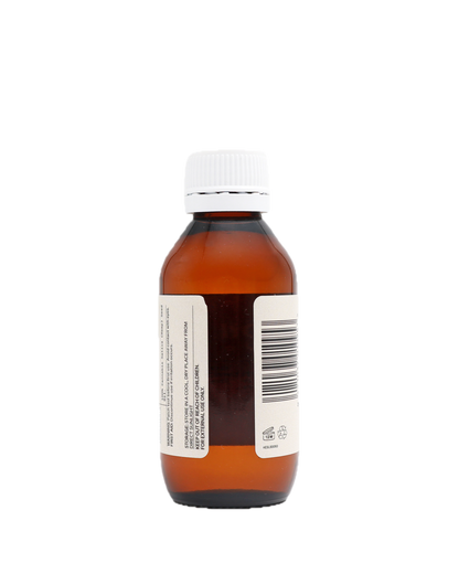 Brown bottle of Hemp Seed Oil from the back, with a white cap on a white background