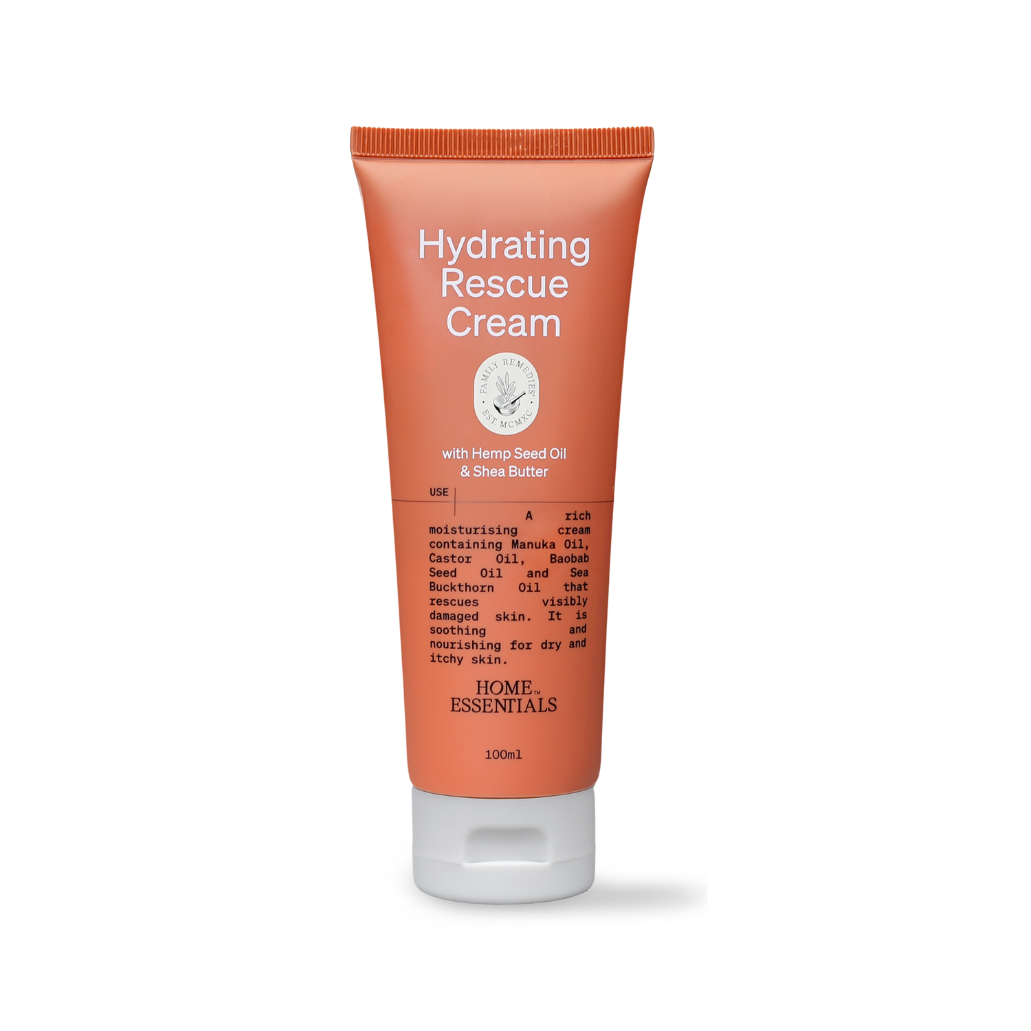 A front view of the 100ml tube of Home Essentials Hydrating Rescue Cream on white background