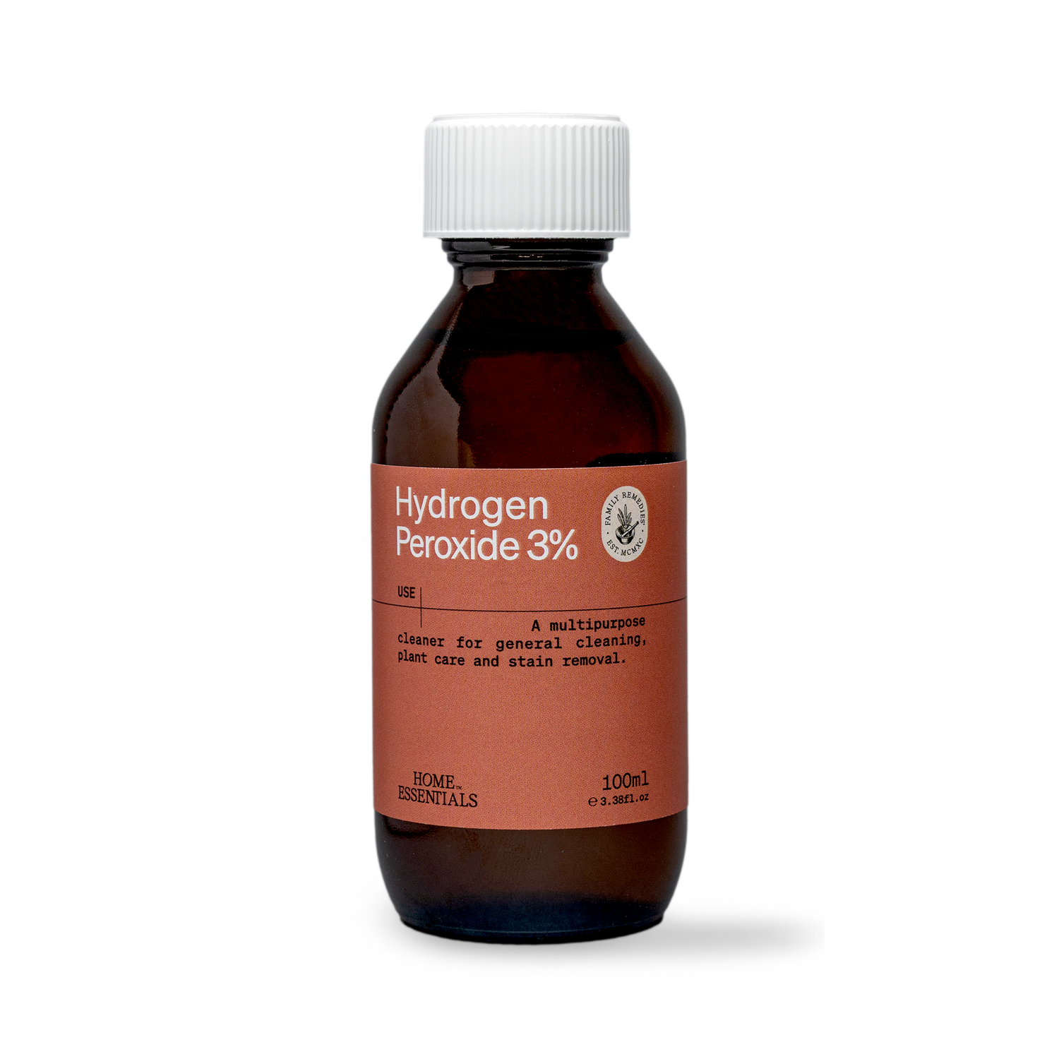 A Front view of the 100ml bottle of Hydrogen Peroxide 3% solution, with a white cap on white background.