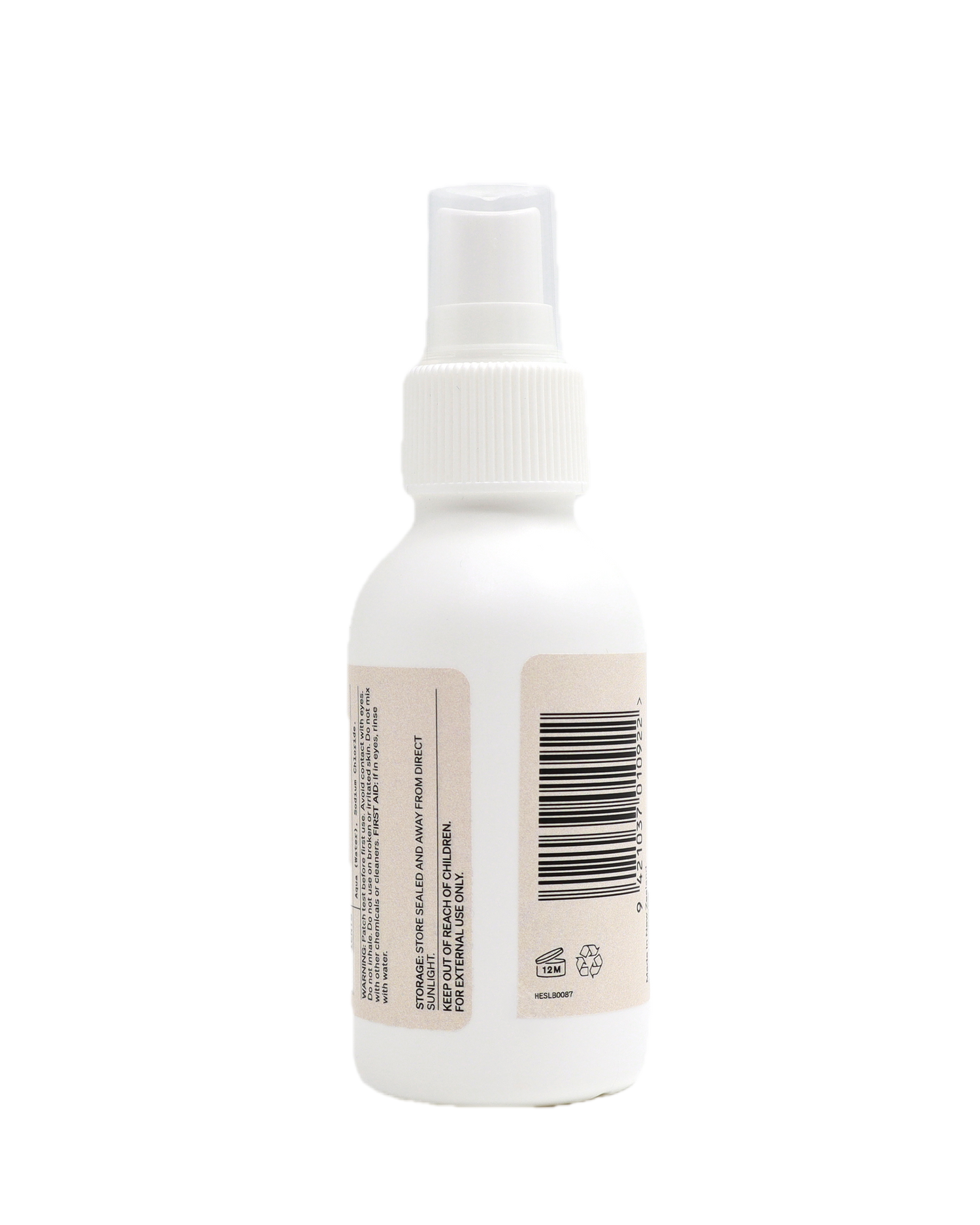 Back View of the Hypochlorous Acid Solution Bottle, with a white cap on a white background