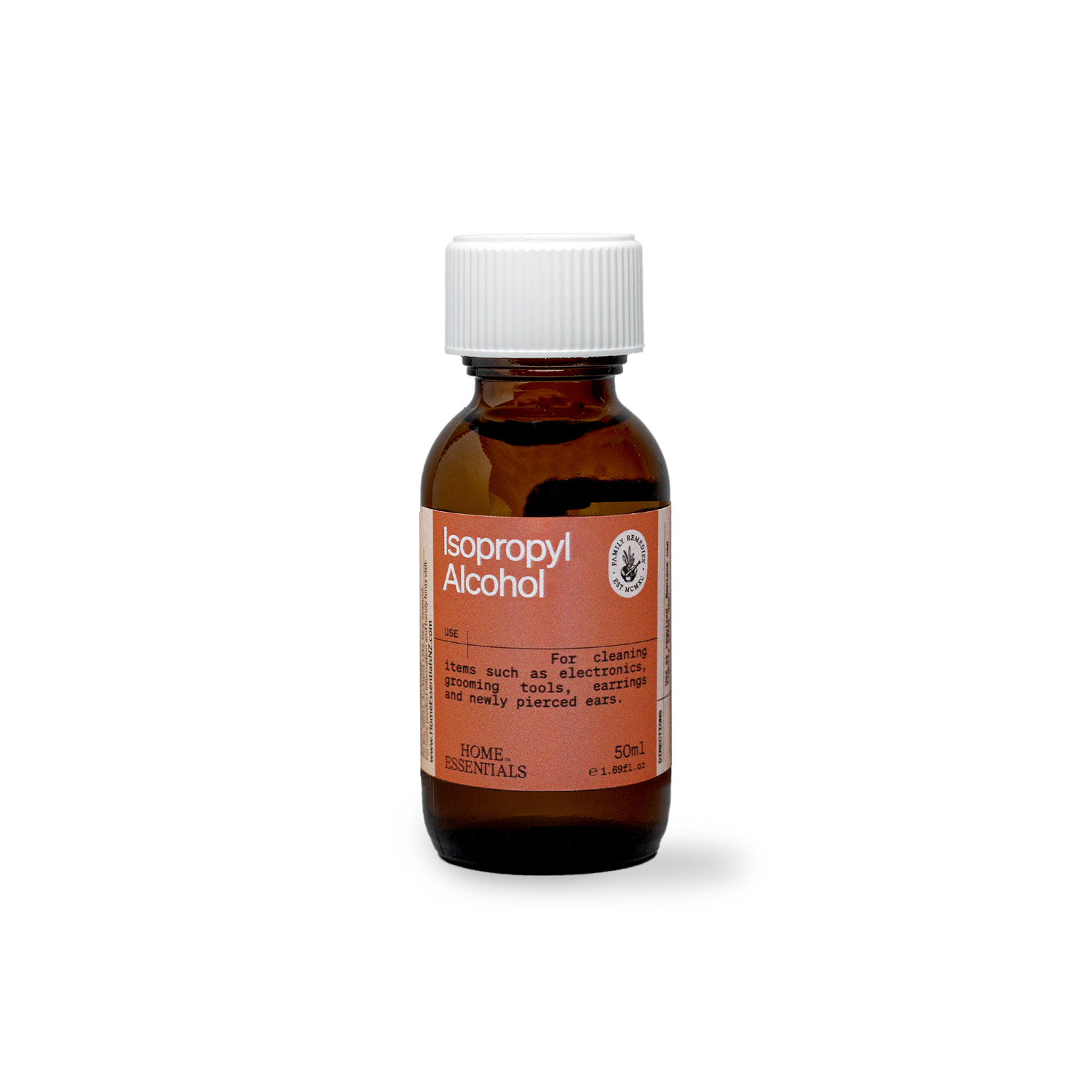 A Front view of the 50ml brown glass bottle of isopropyl alcohol on a white  background.