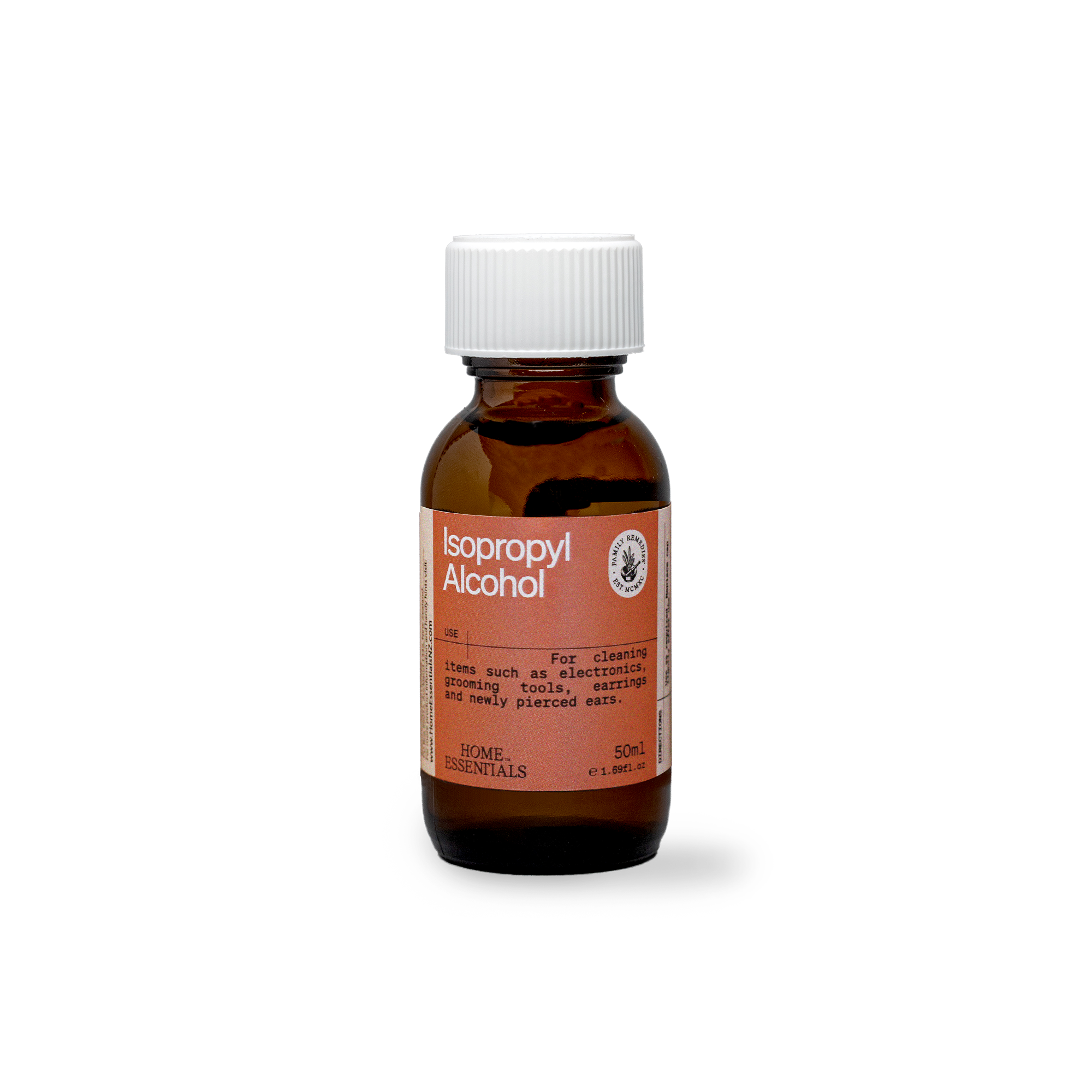 A Front view of the 50ml brown glass bottle of isopropyl alcohol on a white  background.