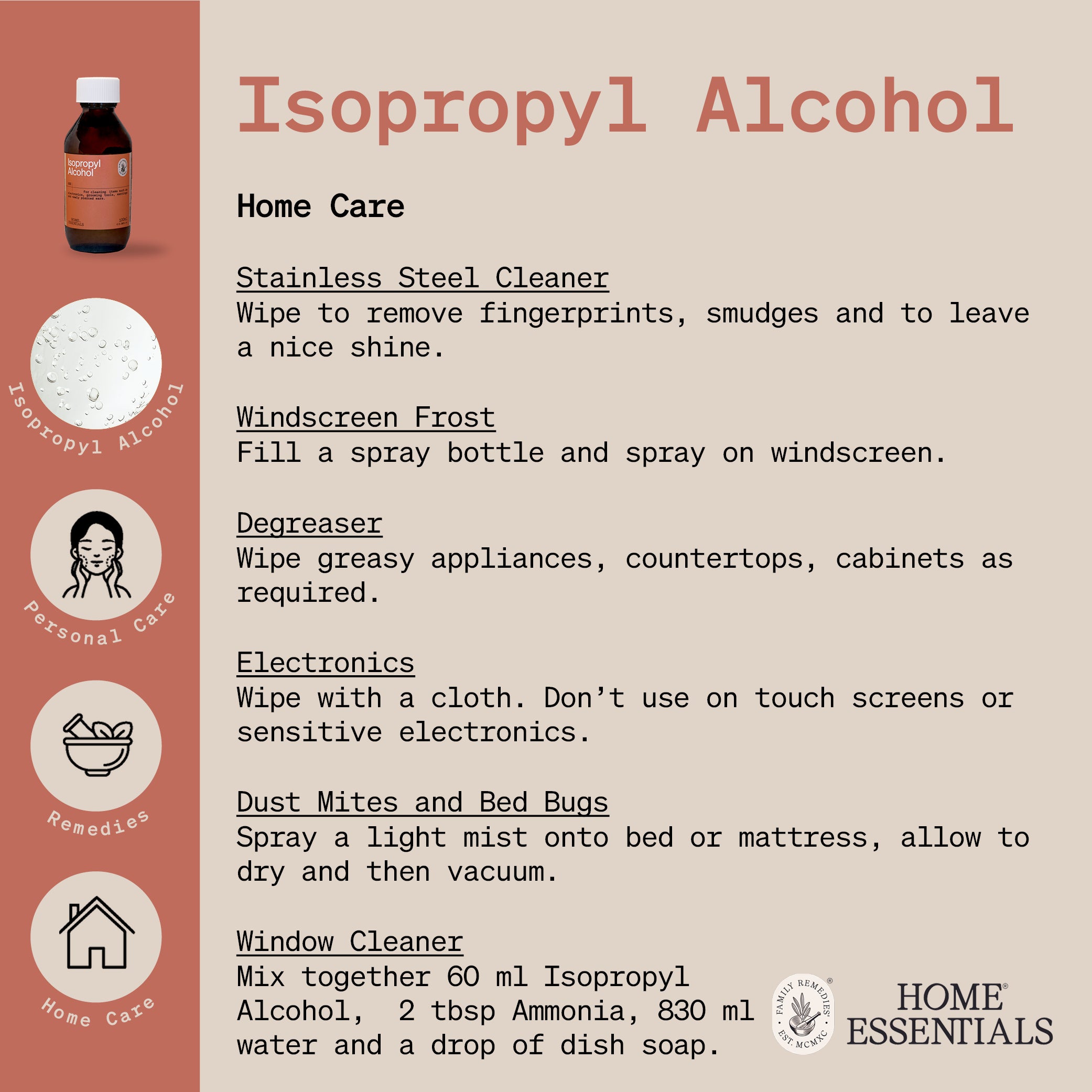 The Handy Hint document third page for Isopropyl Alcohol, listing various use and DIY remedy recipes