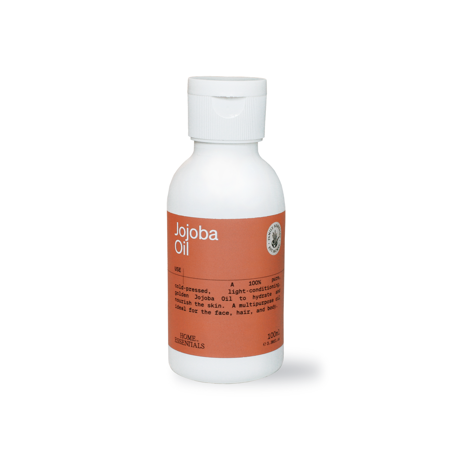 Front view of the jojoba Oil 100ml white bottle on a white background