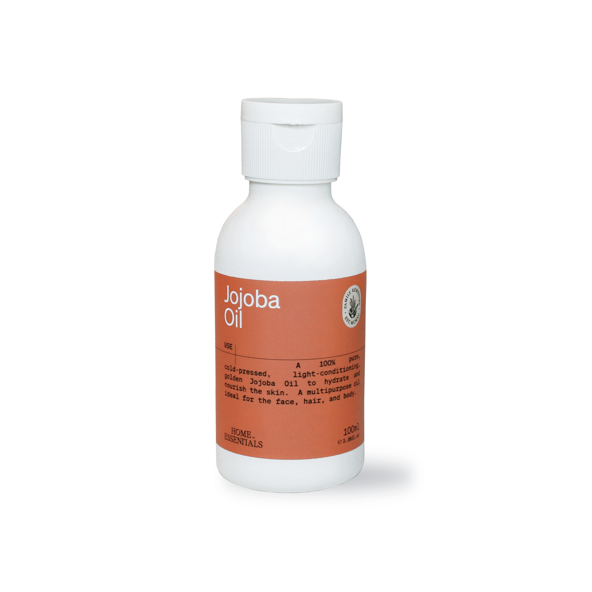 Front view of the jojoba Oil 100ml white bottle on a white background