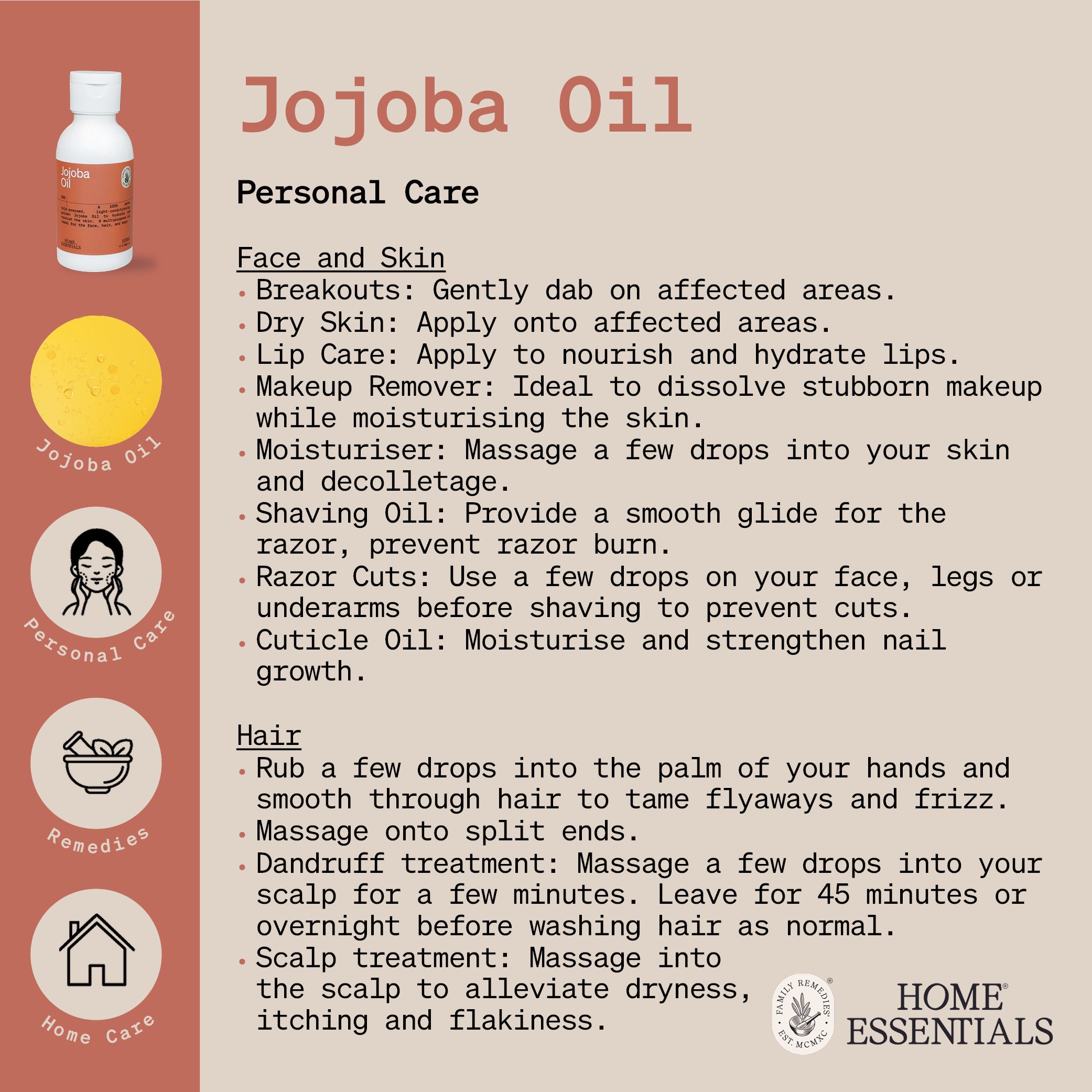 The Handy Hints document first page for Jojoba Oil, listing various use and DIY remedy recipes