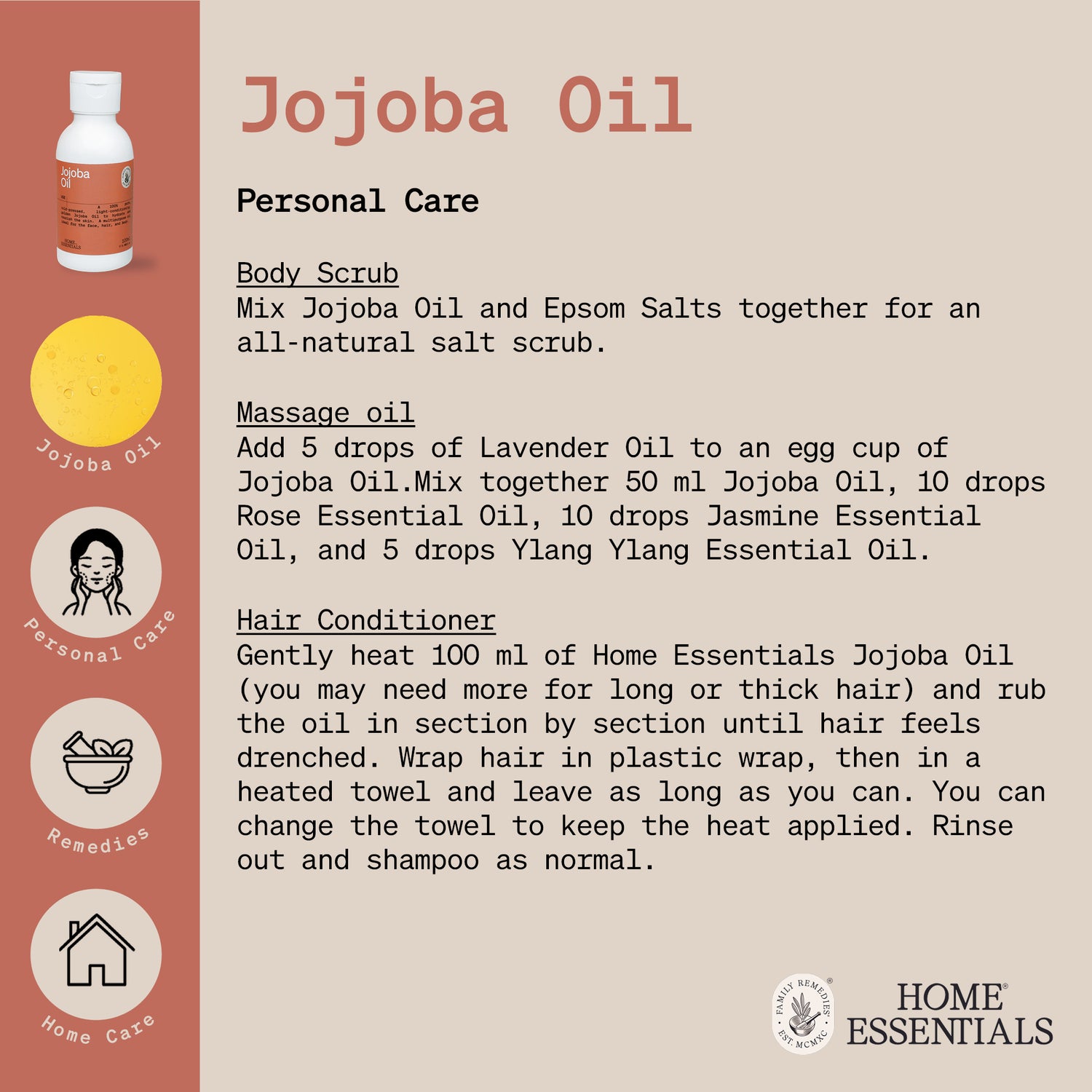 The Handy Hints document Second page for Jojoba Oil, listing various use and DIY remedy recipes