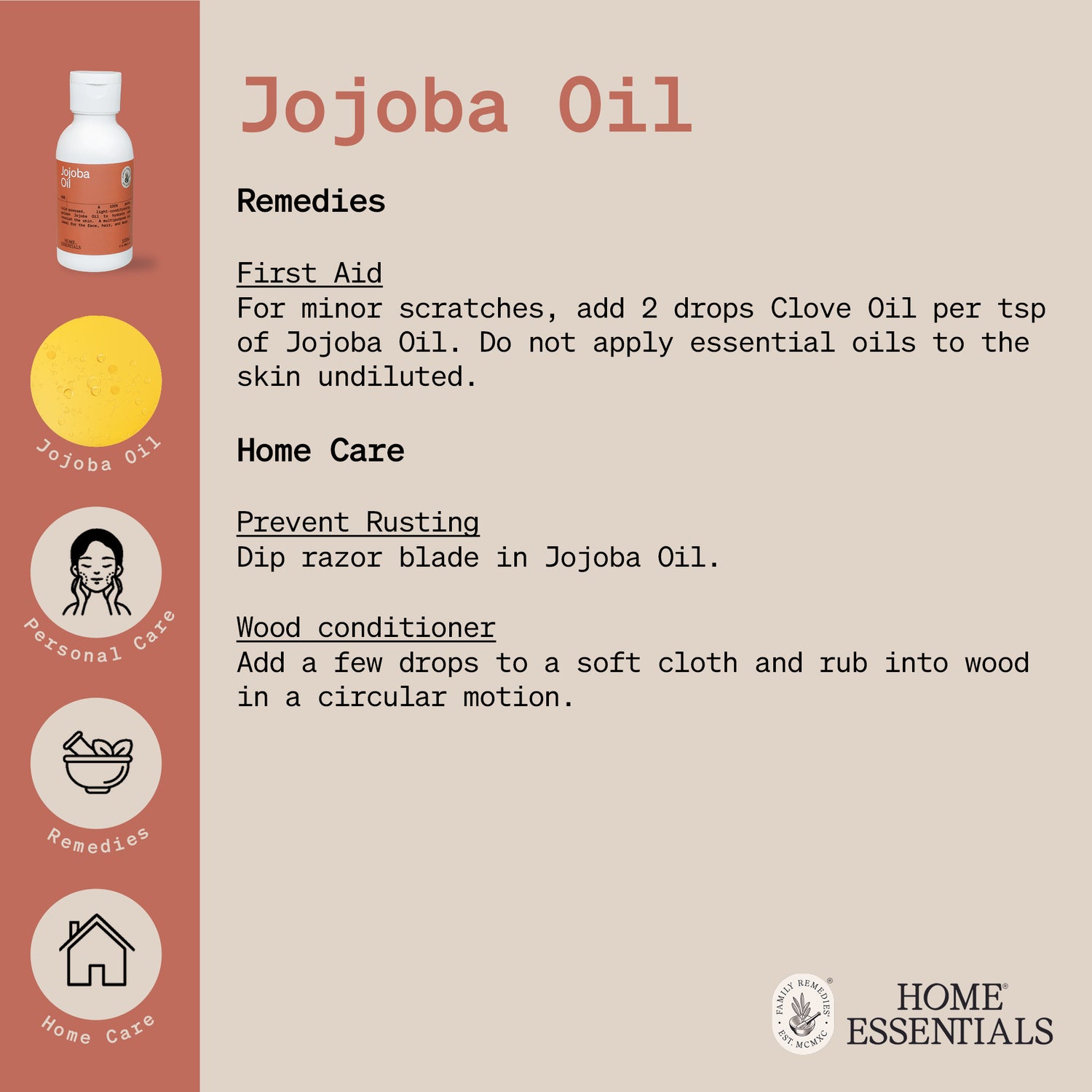 The Handy Hints document third and last page for Jojoba Oil, listing various use and DIY remedy recipes