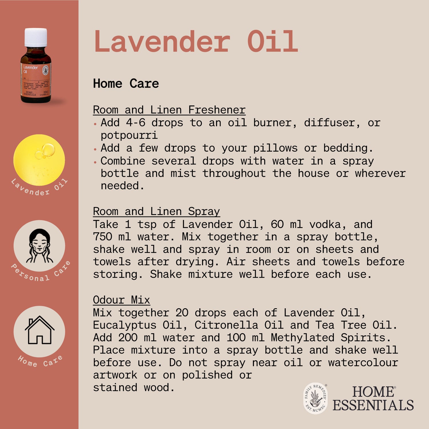 The Handy Hints document first page for Lavender Oil, listing various use and DIY remedy recipes