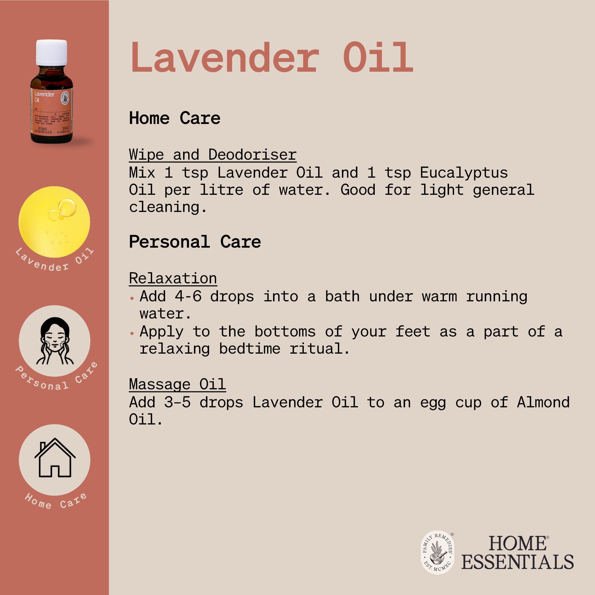 The Handy Hints document second page for Lavender Oil, listing various use and DIY remedy recipes