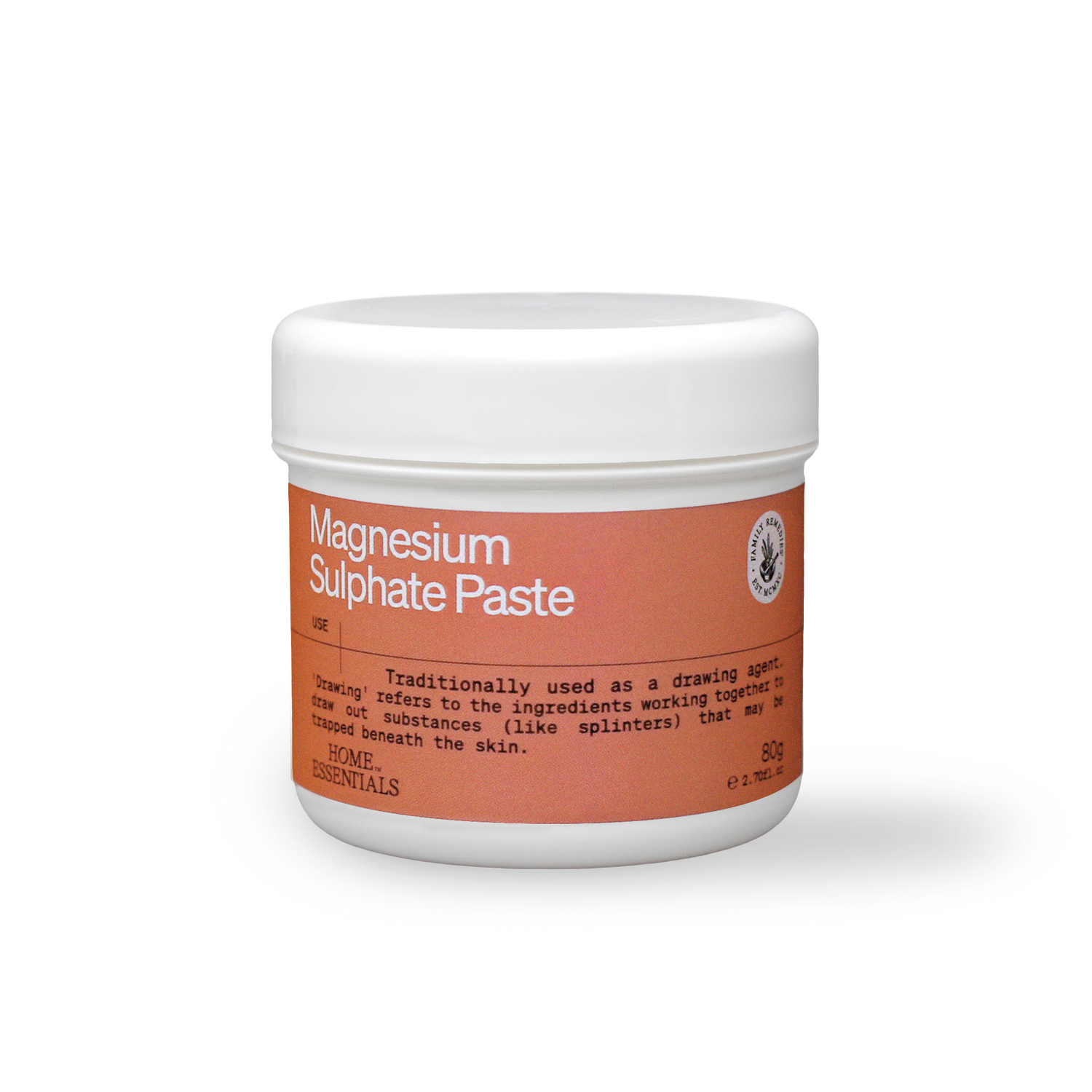 A front view of the Magnesium sulfate paste 80g pot on white background