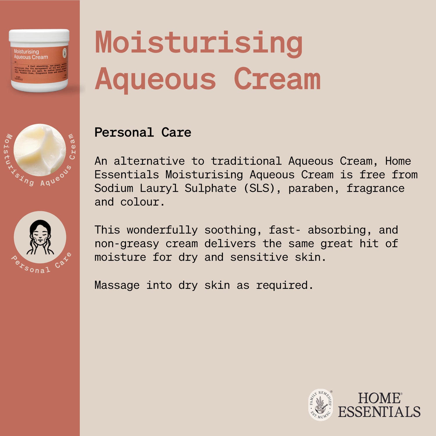 The Handy Hints one pager for Moisturising Aqueous Cream, listing various use and DIY remedy recipes