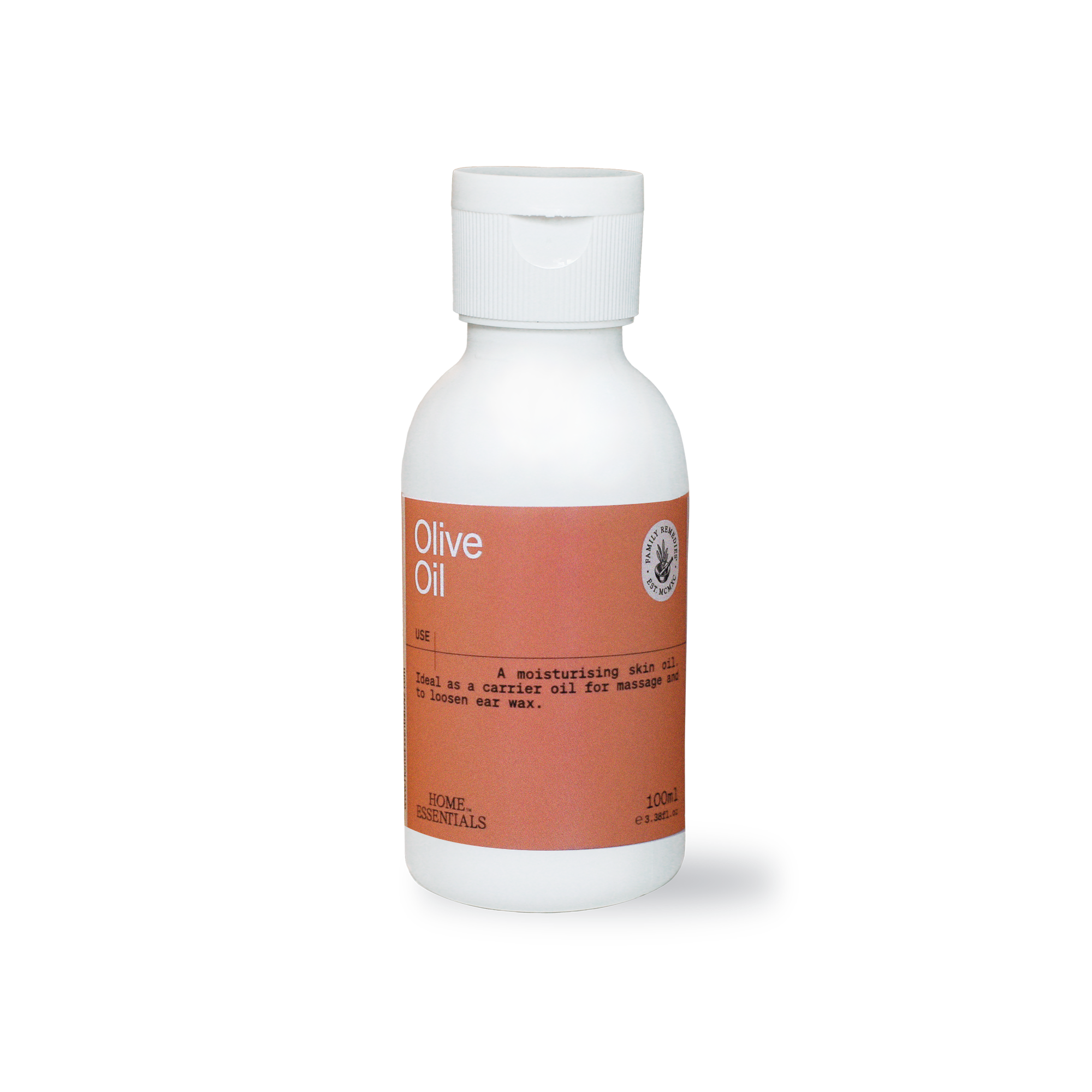 A front view of the Olive Oil 100ml Bottle on a white background