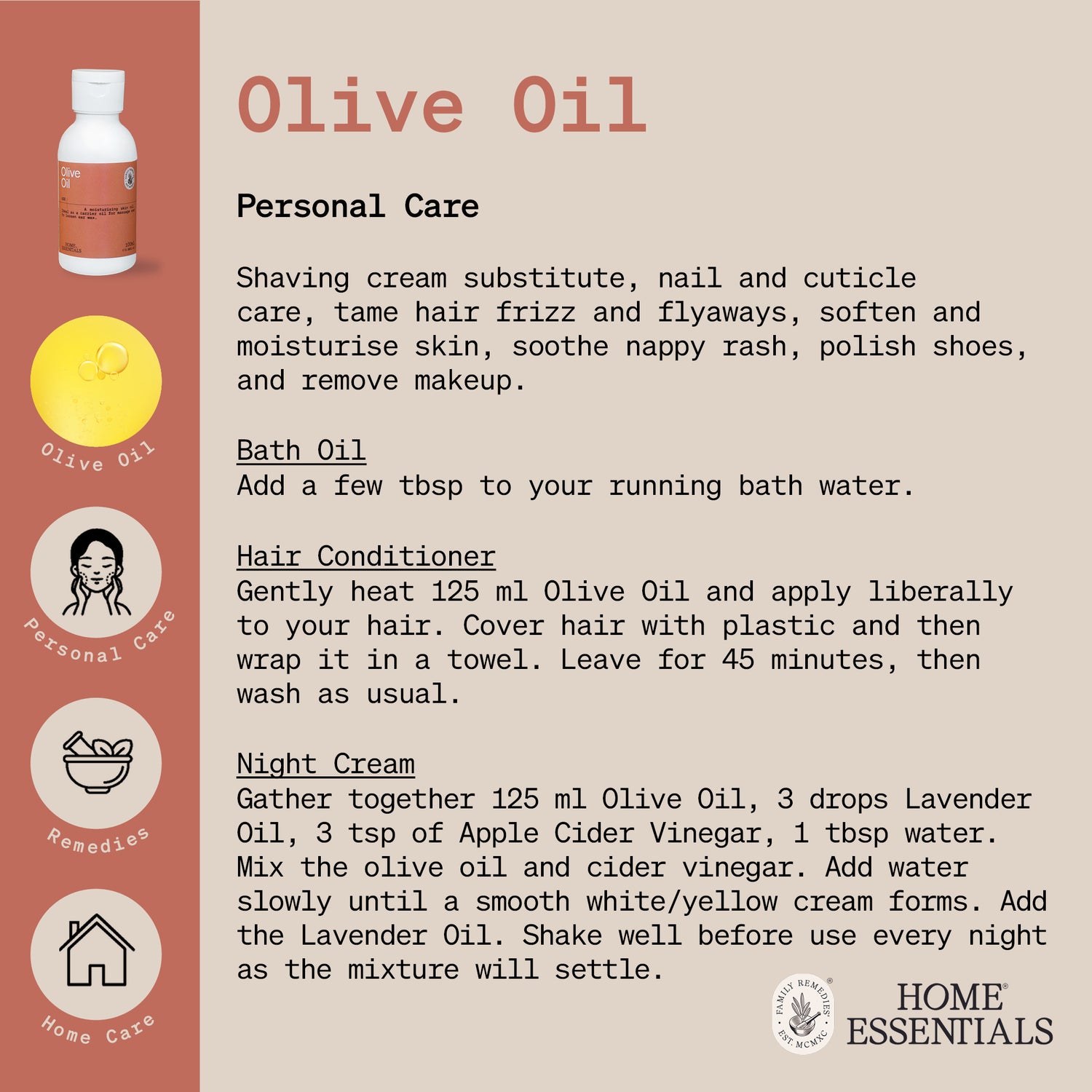The Handy Hints document first page for Olive Oil, listing various use and DIY remedy recipes