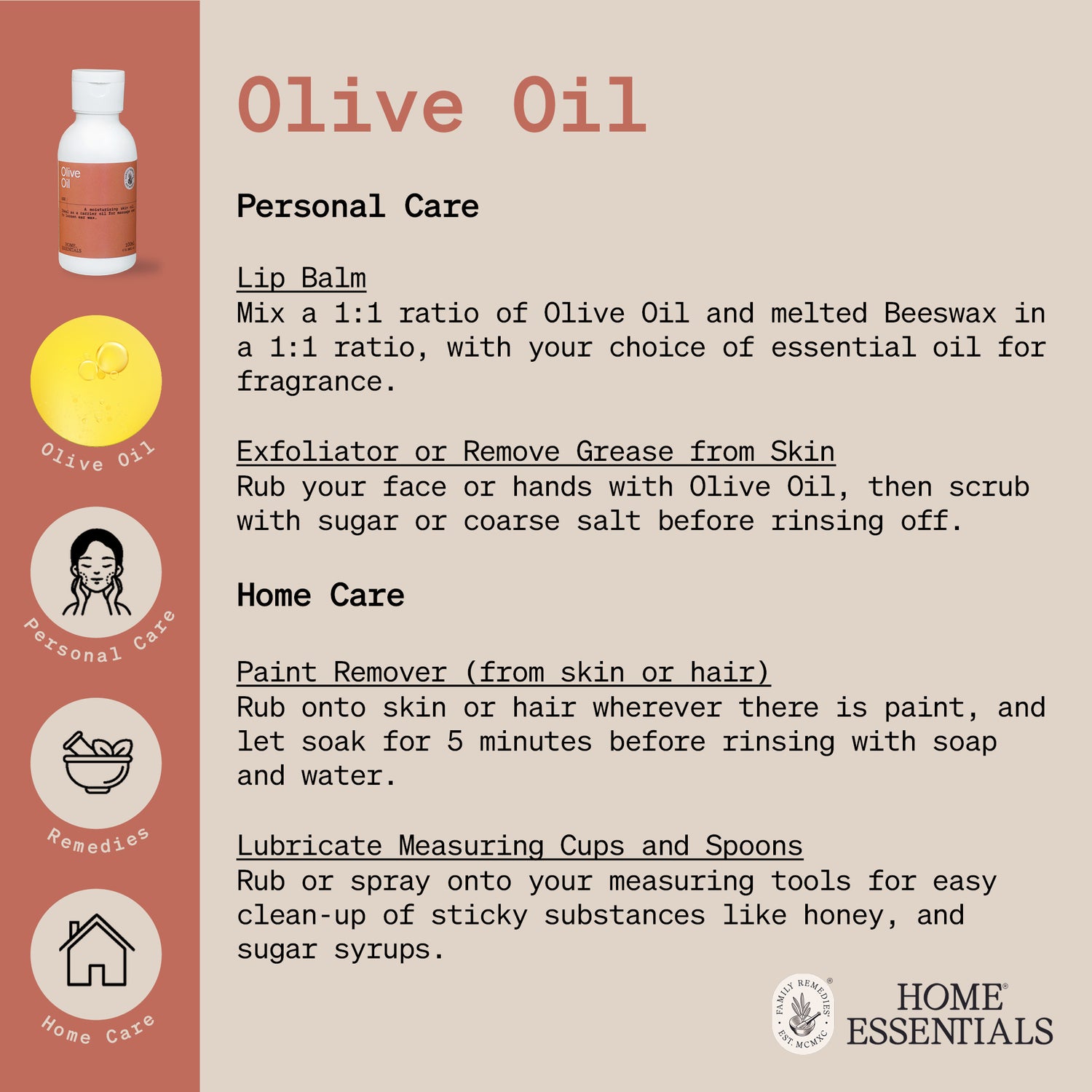 The Handy Hints document second page for Olive Oil, listing various use and DIY remedy recipes