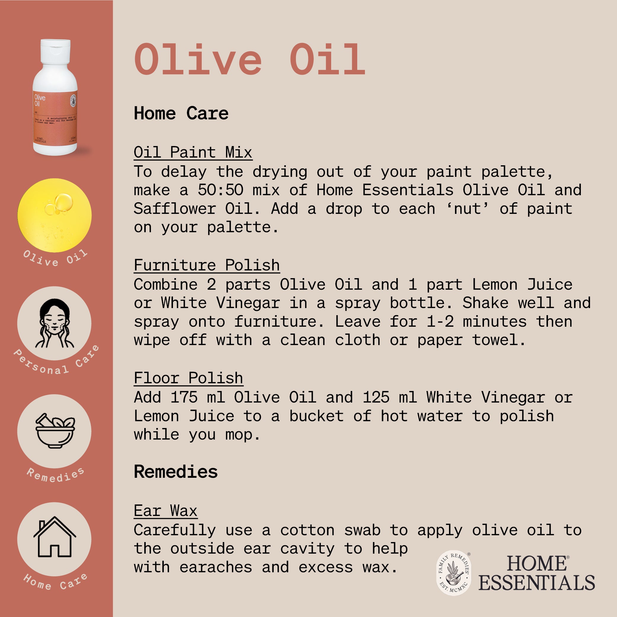 The Handy Hints document fourth page for Olive Oil, listing various use and DIY remedy recipes
