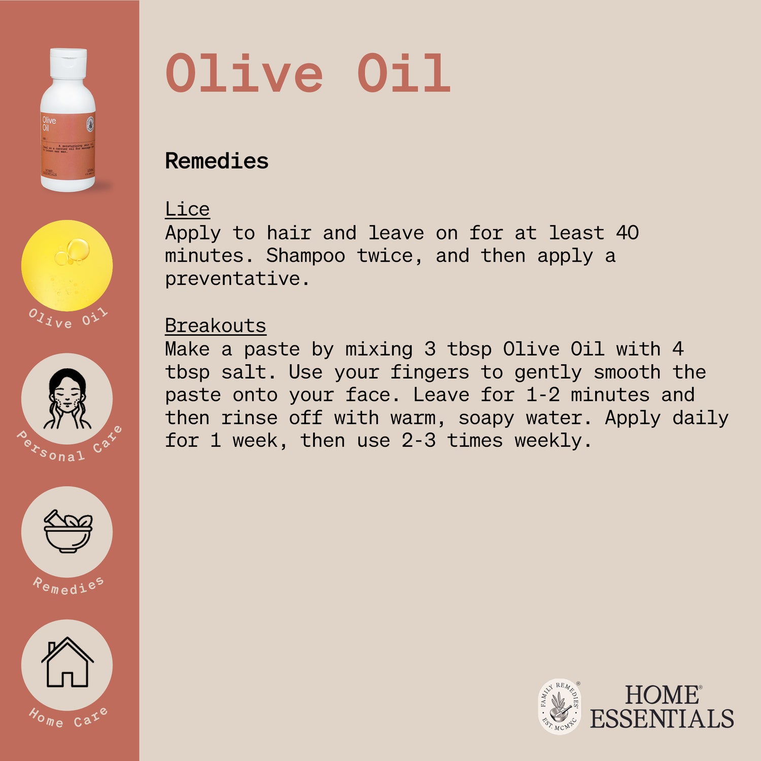 The Handy Hints document fifth and last page for Olive Oil, listing various use and DIY remedy recipes
