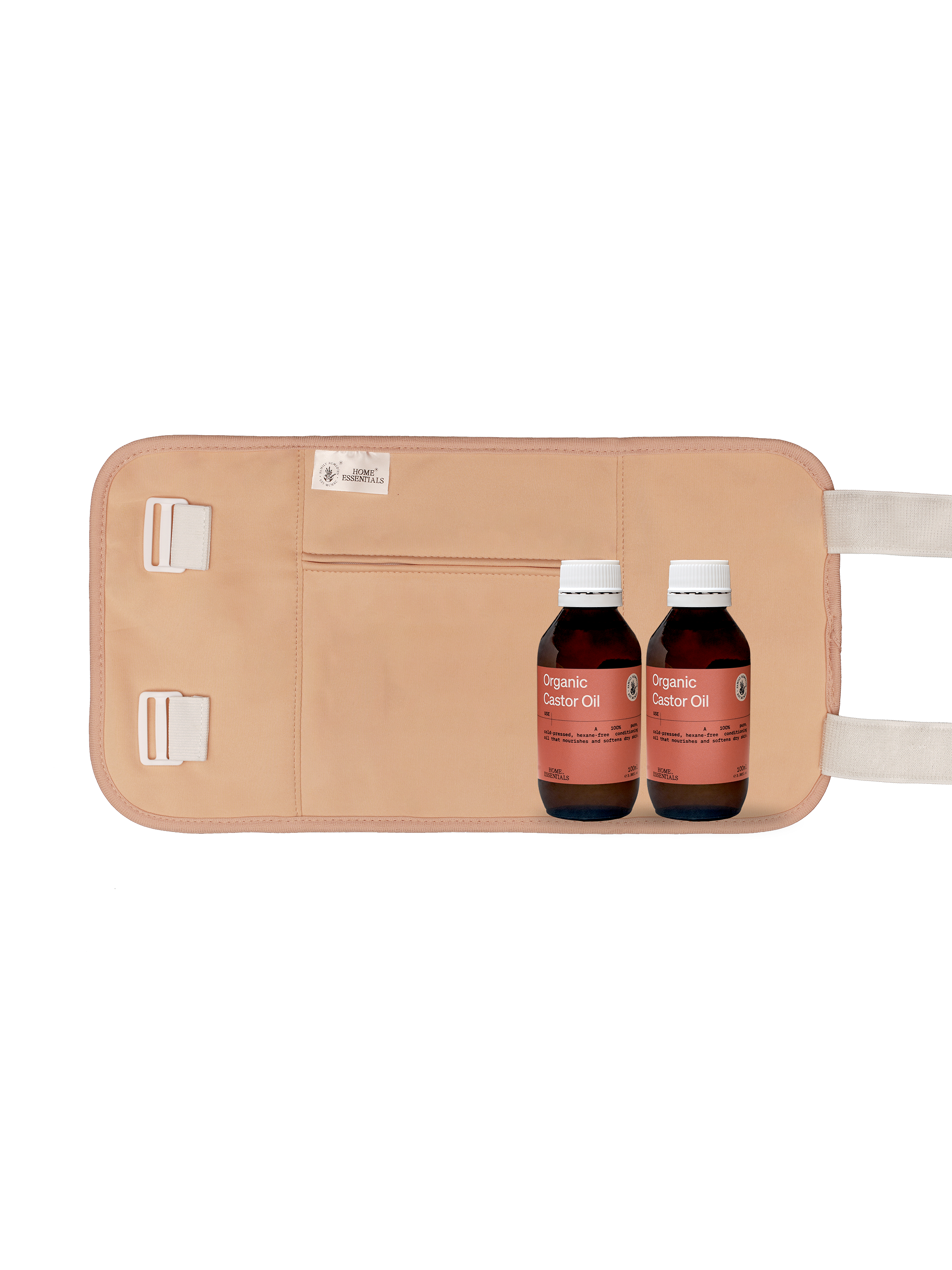 Two 100ml bottles of Organic Castor Oil placed in front of the beige multicare wrap, to show the bundle content.