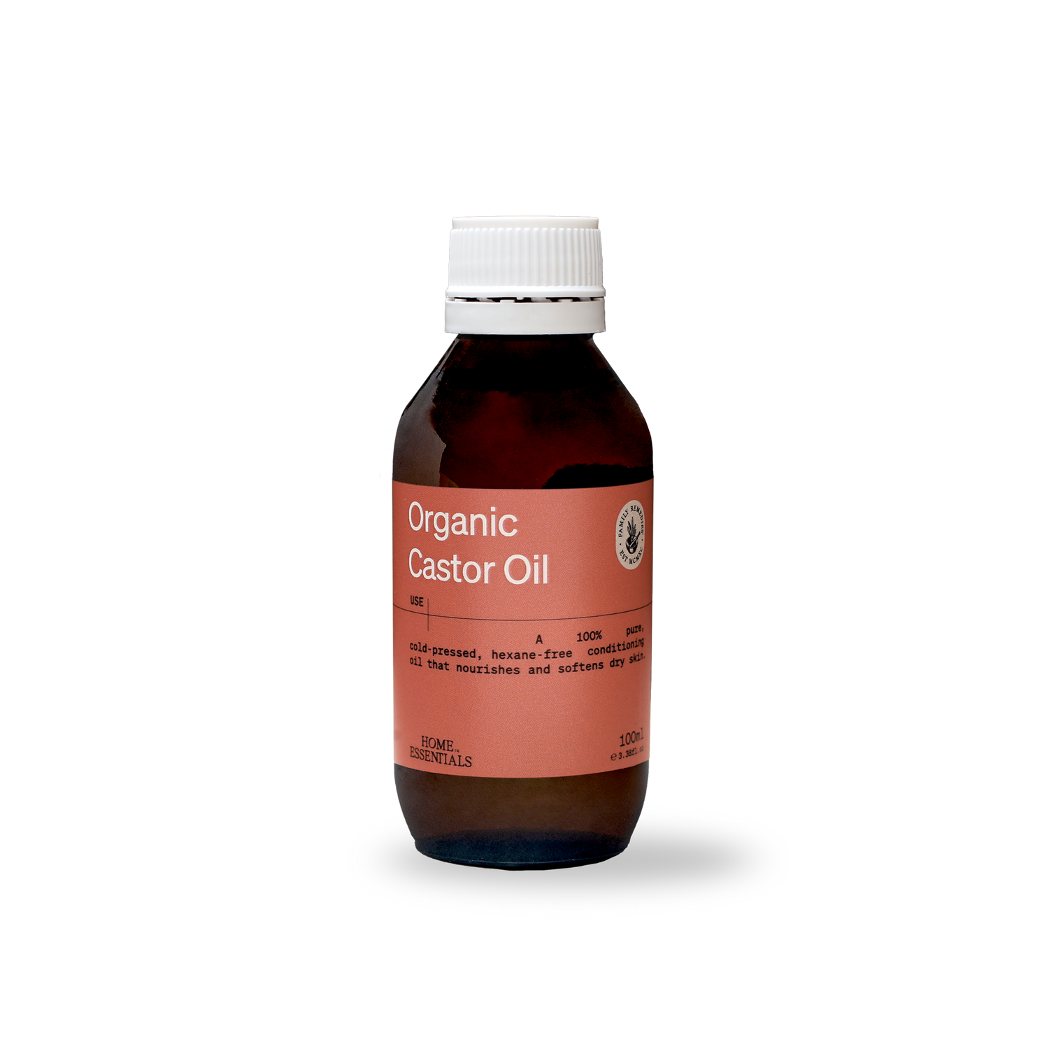 A Front View of the Organic Castor Oil 100ml Bottle on a white background
