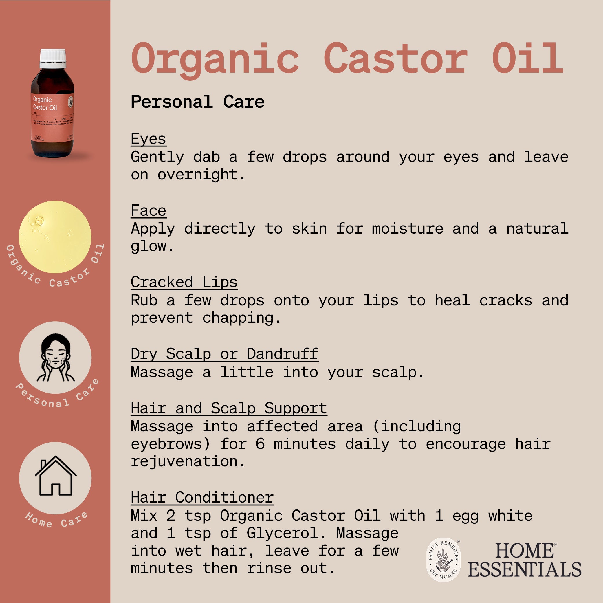 The Handy Hints document first page for Organic Castor Oil, listing various use and DIY remedy recipes