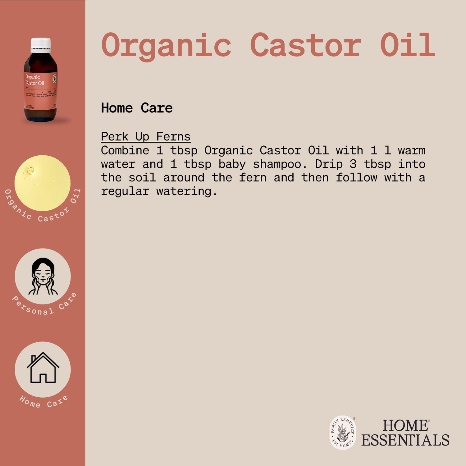 The Handy Hints document second and last page for Organic Castor Oil, listing various use and DIY remedy recipes