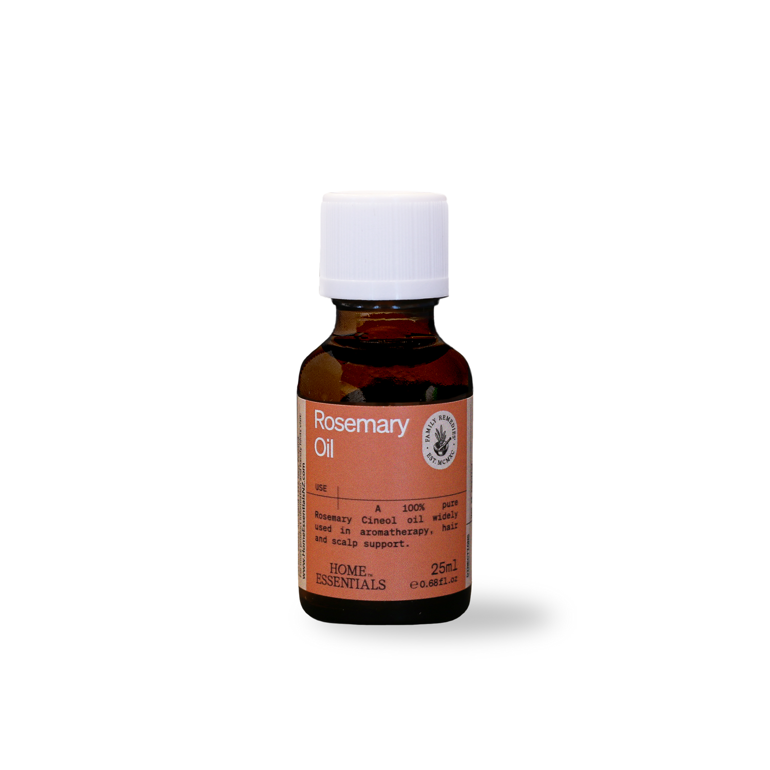 A front view of the 25ml bottle of Home Essentials Rosemary Oil on a white background