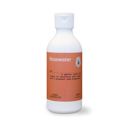 Rosewater 200ml bottle, front view on white background