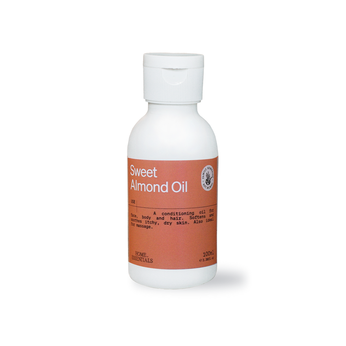 Sweet Almond Oil 100ml white bottle, front view on white background