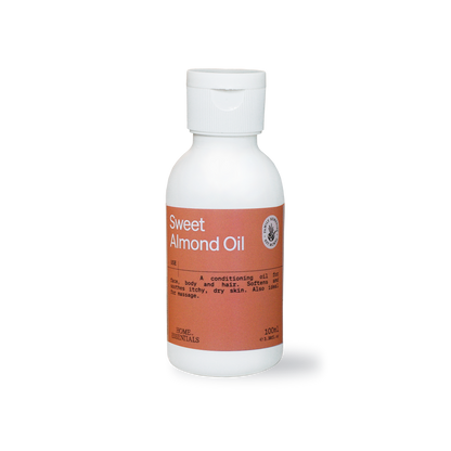 Sweet Almond Oil 100ml white bottle, front view on white background
