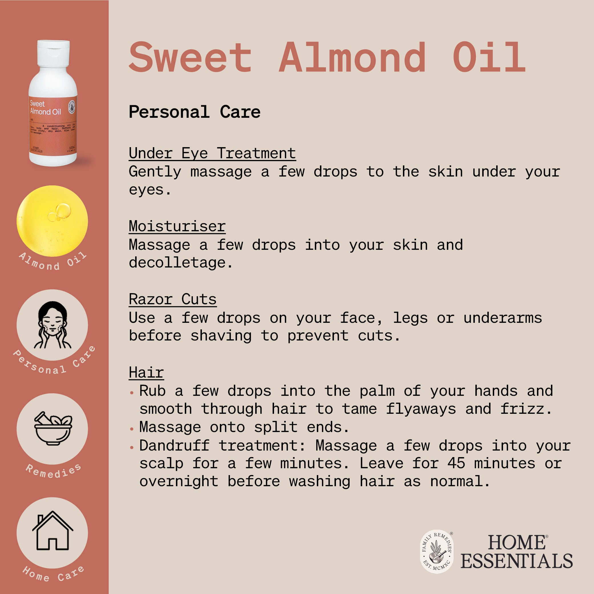 Home Essentials Sweet Almond Oil first page of handy hints usage guide