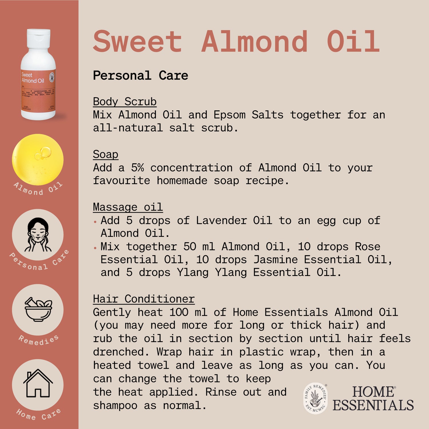 Home Essentials Sweet Almond Oil second page of handy hints usage guide