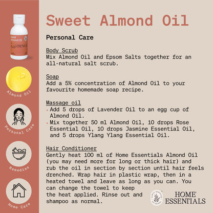 Home Essentials Sweet Almond Oil second page of handy hints usage guide