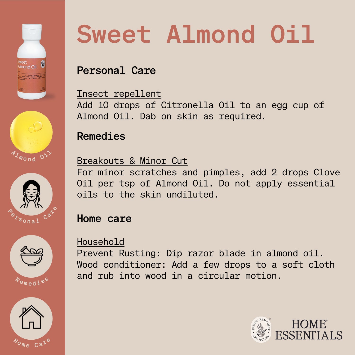 Home Essentials Sweet Almond Oil third and last page of handy hints usage guide