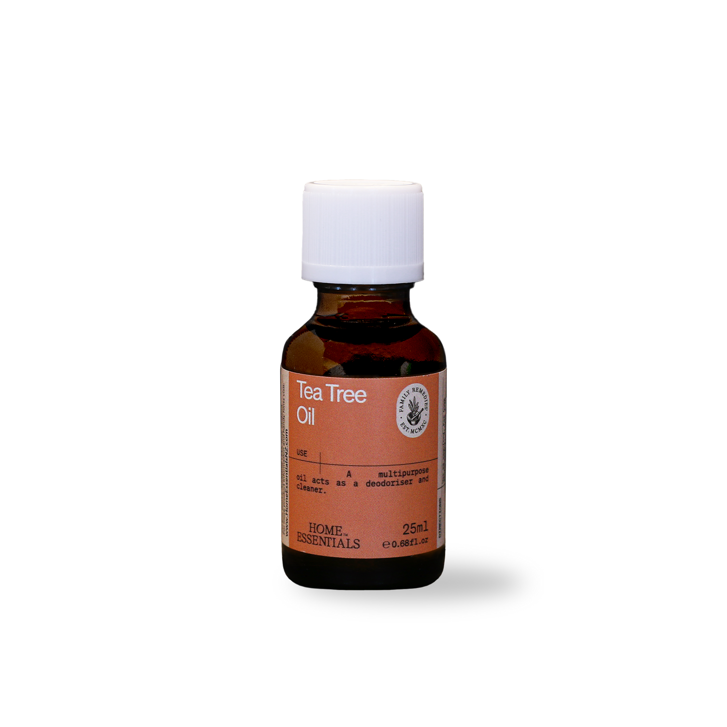 Tea Tree Oil 25ml brown glass bottle, front view on white background