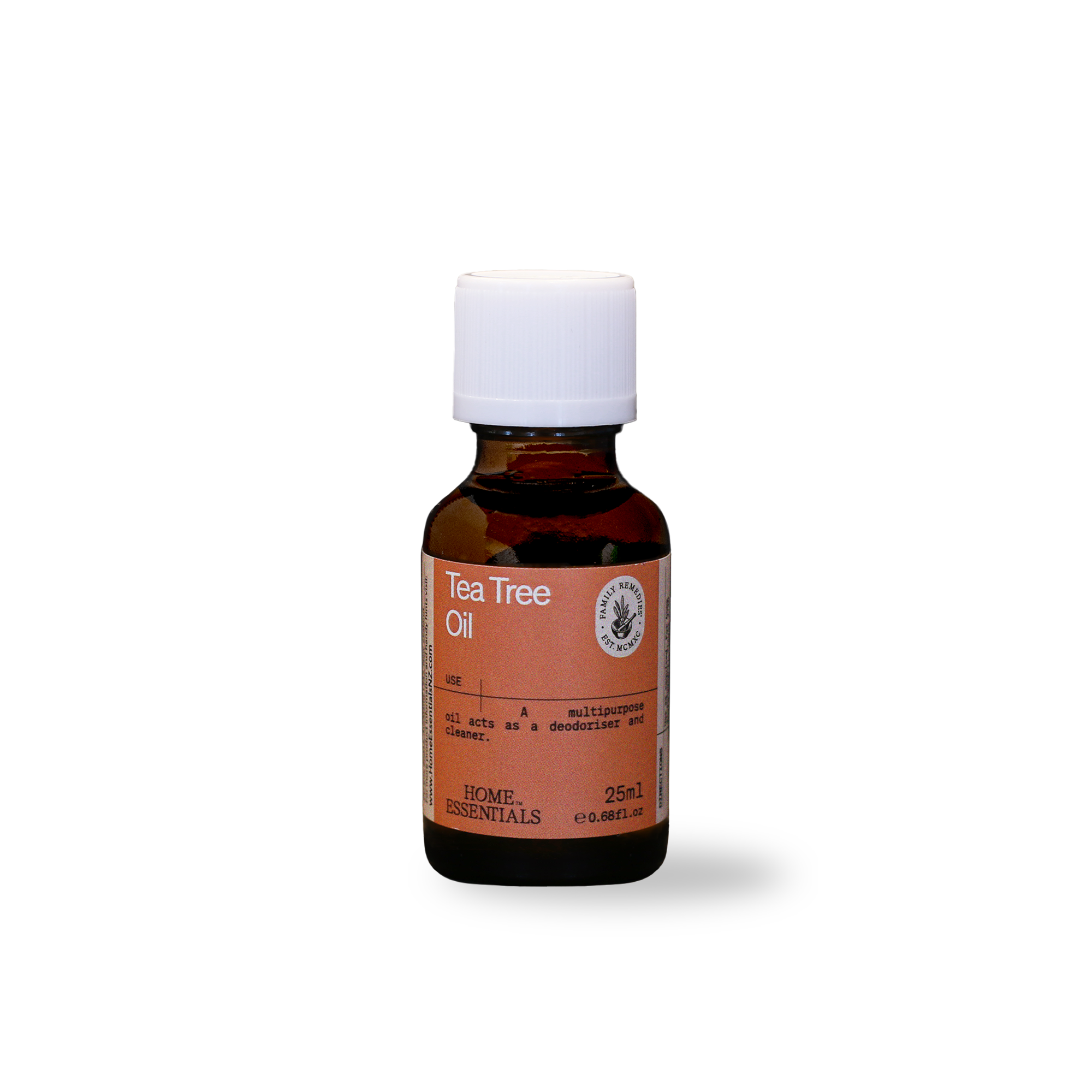 Tea Tree Oil 25ml brown glass bottle, front view on white background