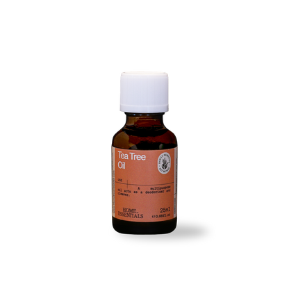 Tea Tree Oil 25ml brown glass bottle, front view on white background
