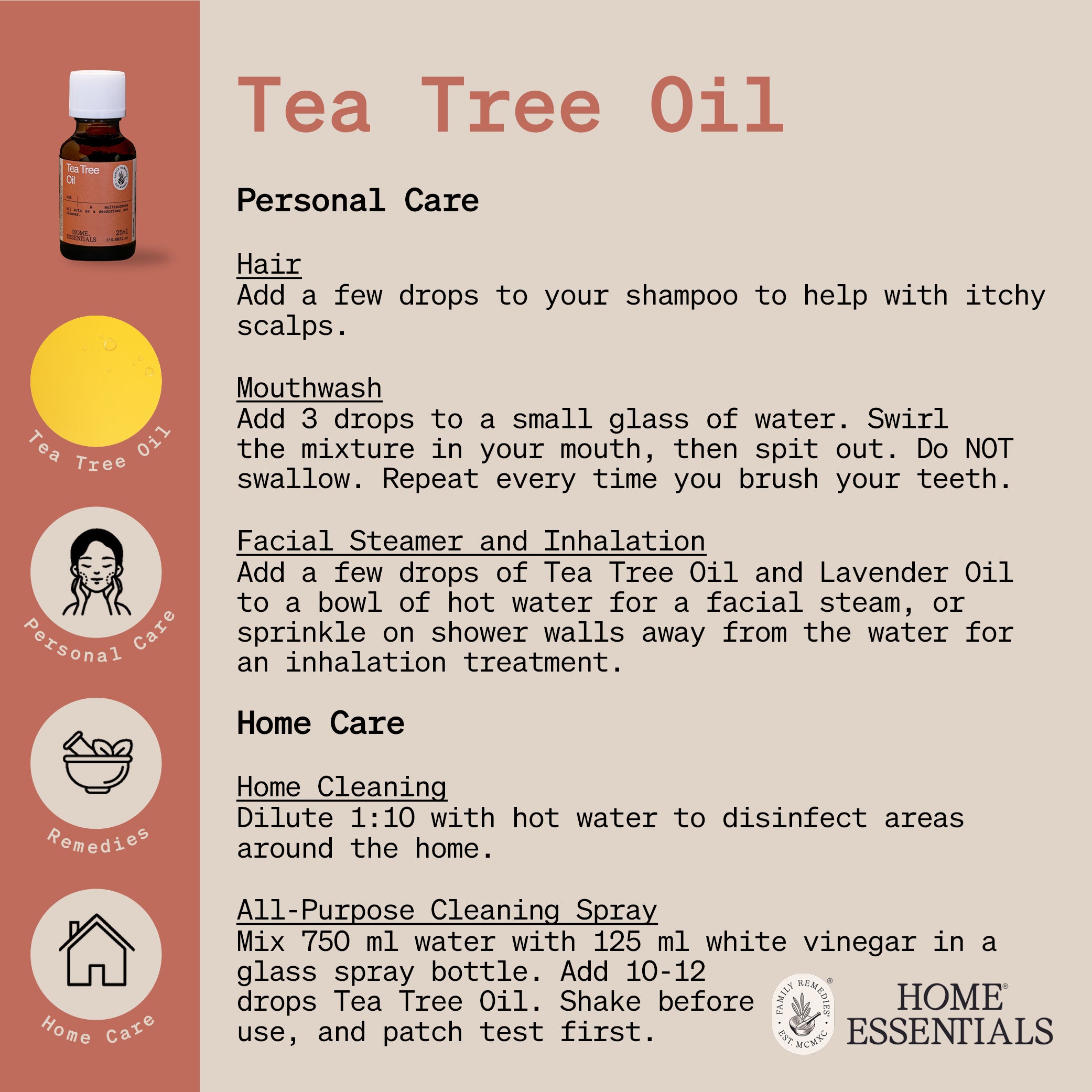 Home Essentials Tea Tree Oil handy hints usage guide page 1