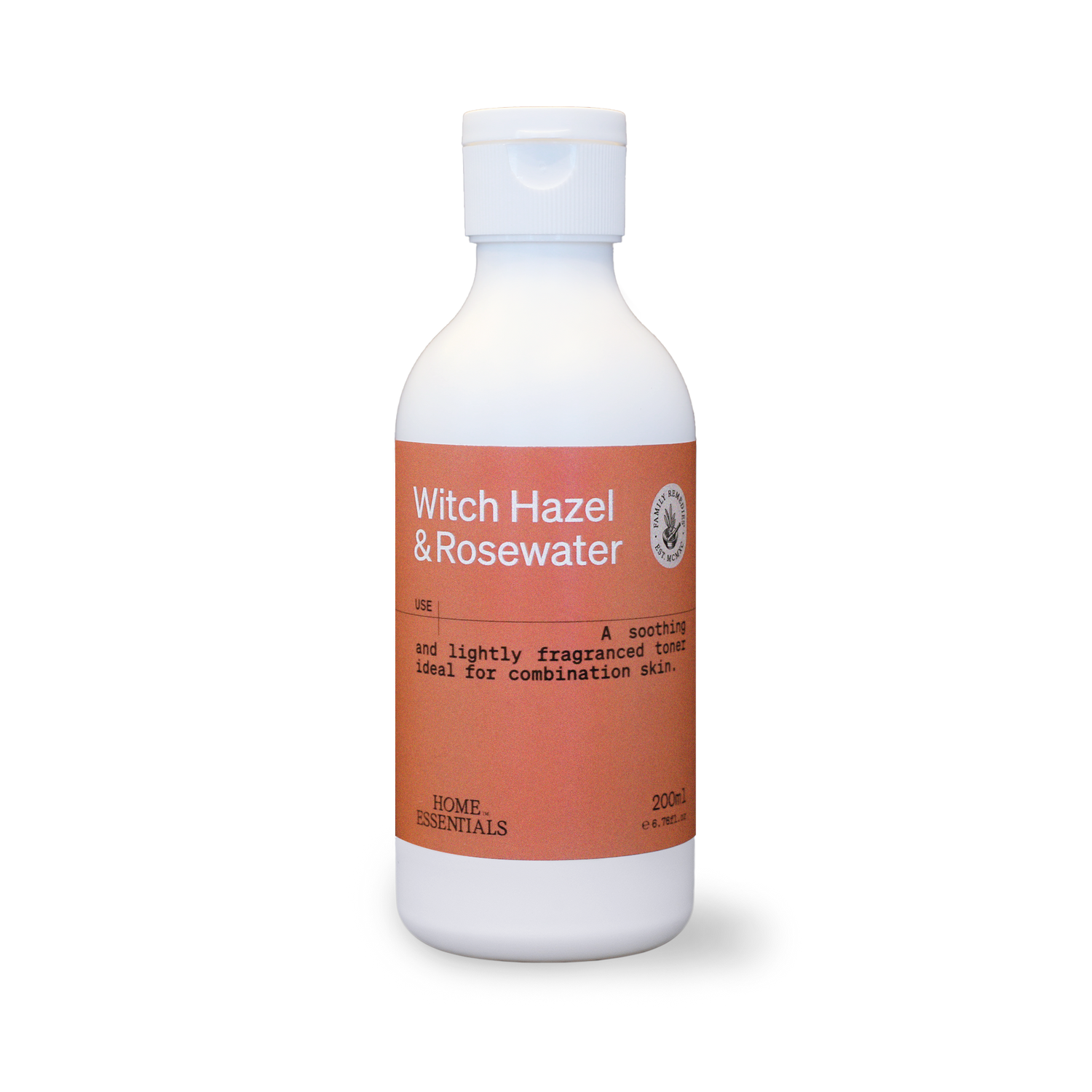 Witch Hazel &amp; Rosewater 200ml white bottle, front view on white background