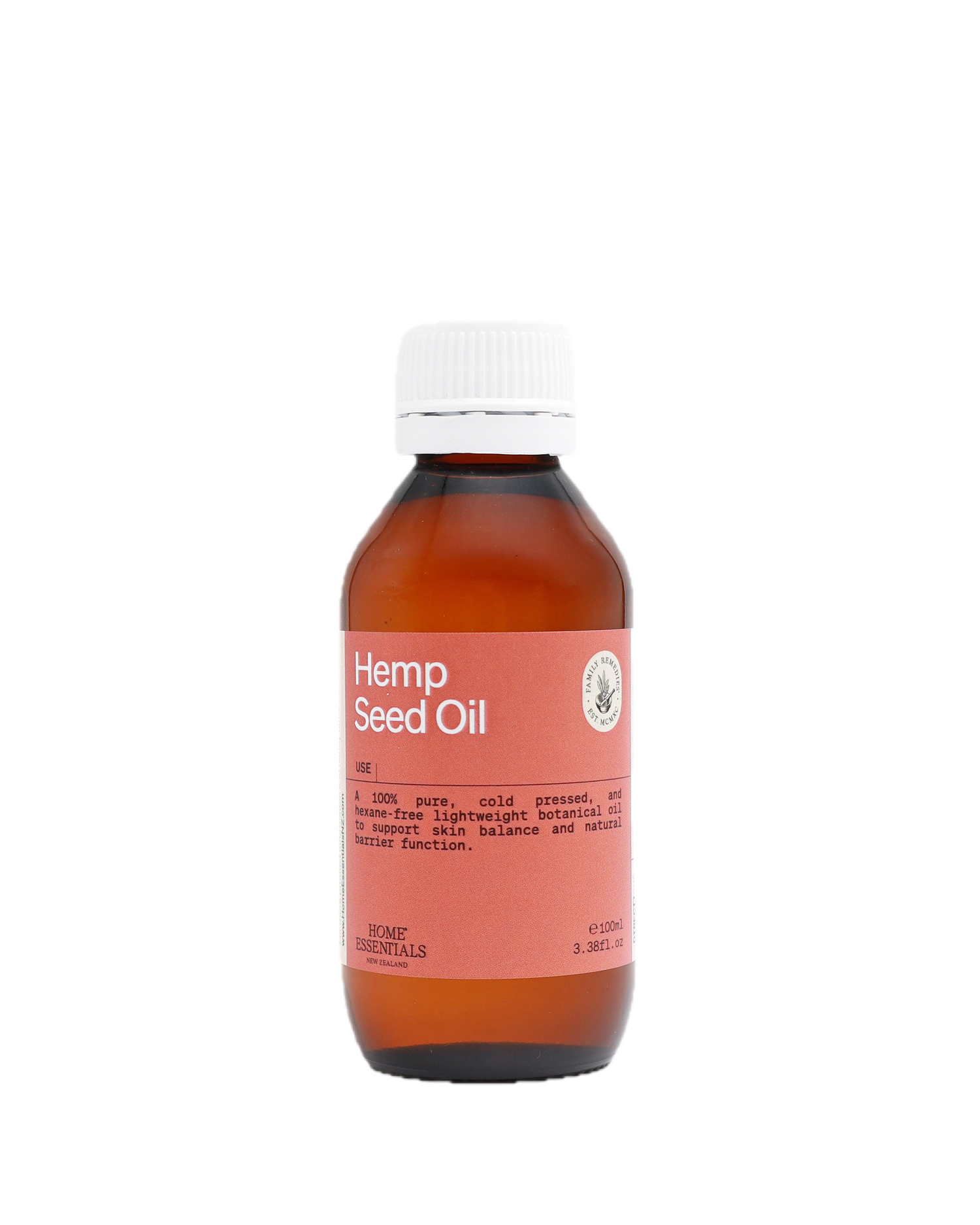Bottle of hemp seed oil on a white background
