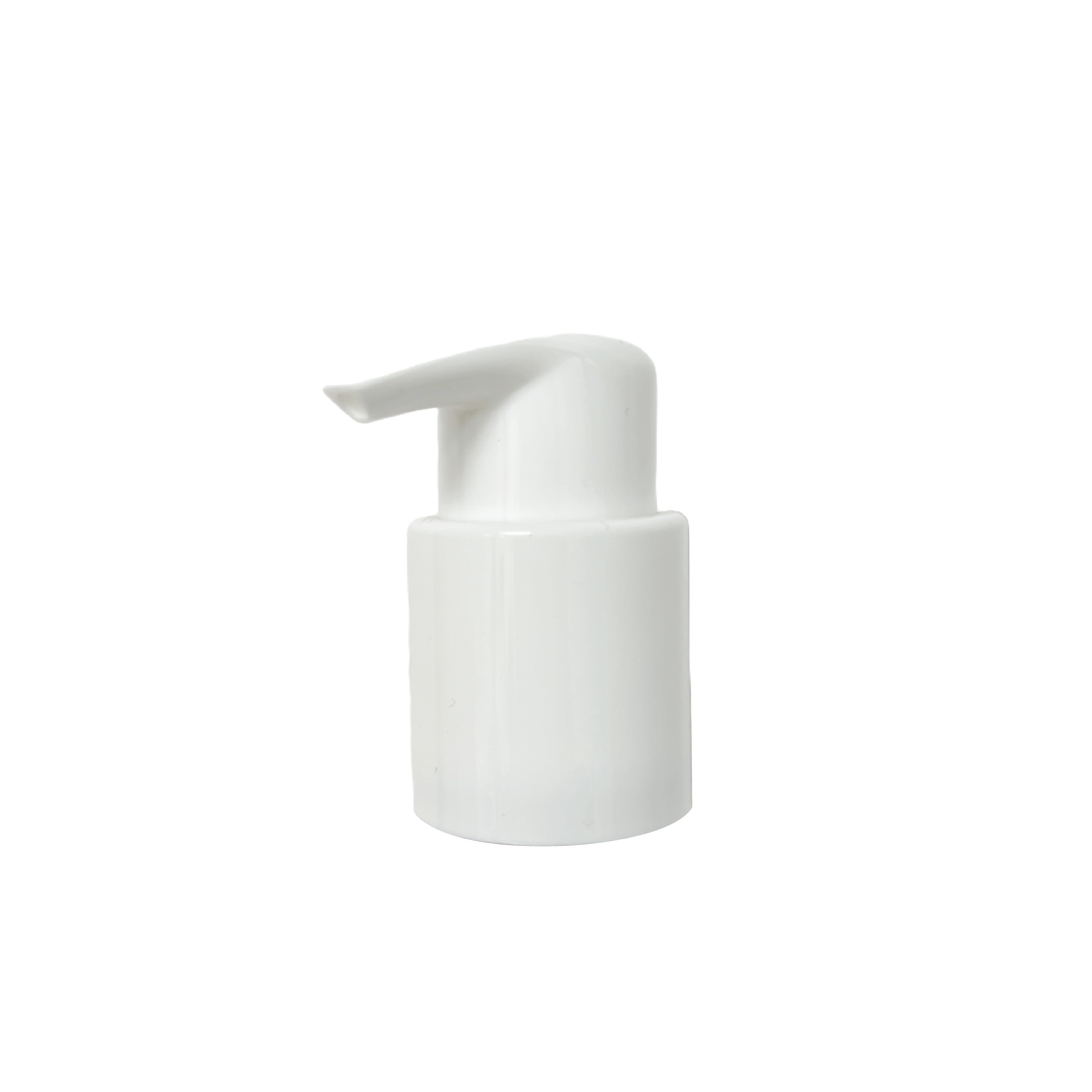 Pump dispenser head on white background, showing the nozzle and screw cap